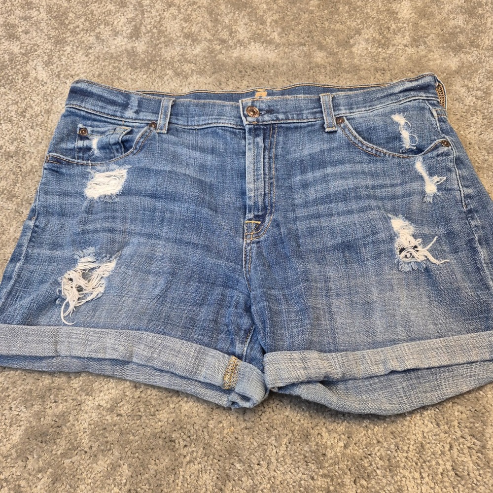 7‎ For All Mankind Distressed Denim Shorts Medium Wash Blue Size 29(33) Made USA